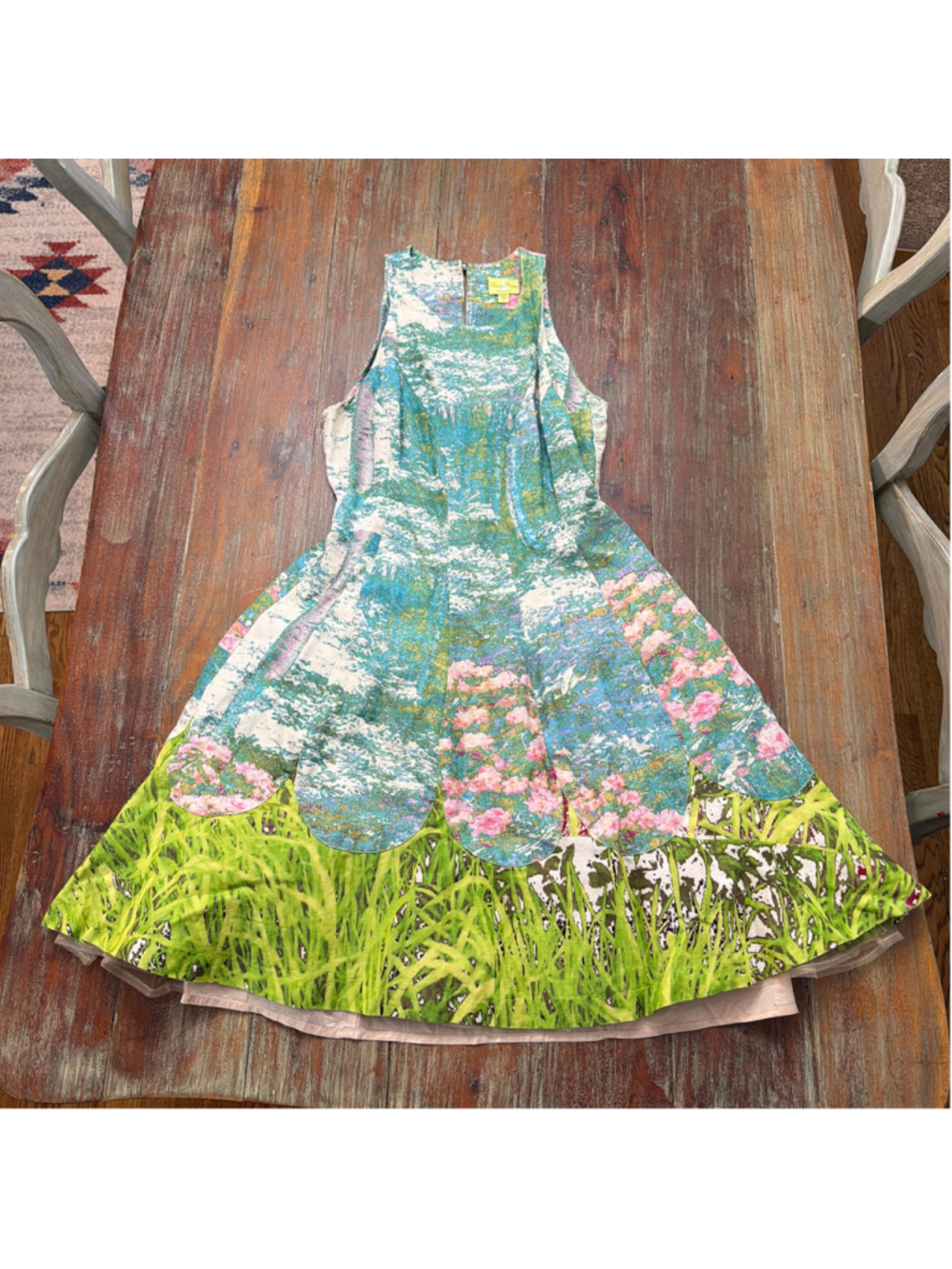 Tracy Reese Silk Linen Impressionist Floral Scalloped Dress with Pockets Size 2
